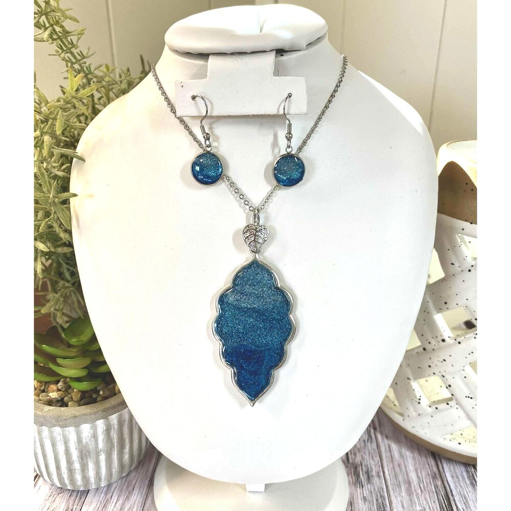 Handmade Blue Shimmer Leaf Necklace & Earring Set | Silver Tone Resin Jewelry